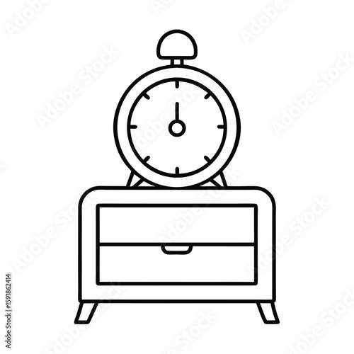 Line art illustration of a ringing alarm clock on a bedside table