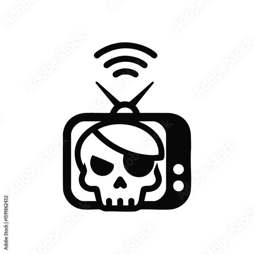 Digital Piracy Broadcast. Symbolic graphic shows unauthorized media sharing. A buccaneer skull on a vintage television with signal waves represents illegal content dissemination.