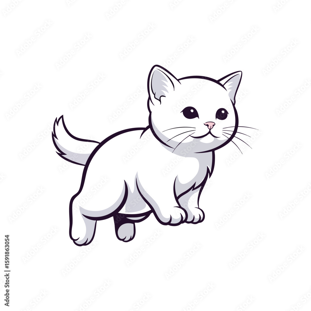 Obraz premium Adorable White Kitten Cartoon Art. This charming small feline illustration features a sweet light colored pet, perfect for children projects. It embodies youthful playfulness and innocence.
