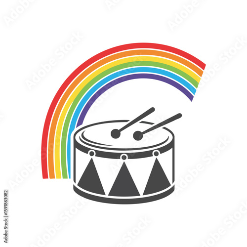 Rainbow Drum Beat Graphic. Vibrant chromatic arc frames a rhythmic percussion instrument. This design evokes cheerfulness, celebration, and musical diversity.