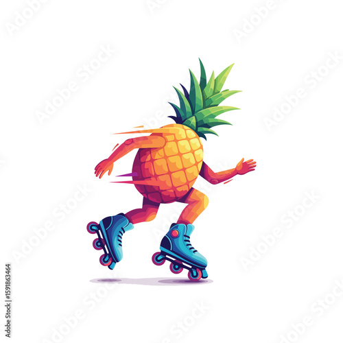 Joyful Pineapple Roller Skater. A vibrant tropical fruit character glides on inline wheels. This cheerful illustration embodies summer delight, energetic motion, and whimsical escapism.