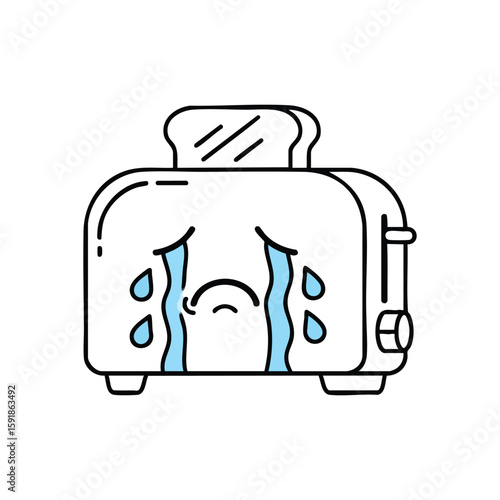 Sad Toaster Crying Icon. This charming digital drawing depicts an unhappy toaster shedding blue tears. It symbolizes a morning mishap or appliance malfunction.