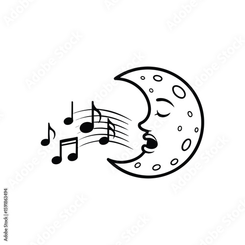 Singing Moon with Music Notes. A celestial crescent figure vocalizing melodies. This illustration evokes peaceful nights, sweet slumber, and creative inspiration.