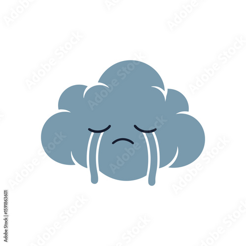 Sad Cloud Emoticon Vector. A distressed blue sky element with tears, symbolizing sorrow, bad weather, or emotional despair. Perfect for conveying melancholy.