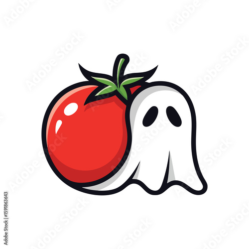 Spooky Tomato Spirit Character. This charming digital art blends a fresh red fruit with a friendly white apparition, creating a unique and humorous visual, perfect for playful Halloween themes.