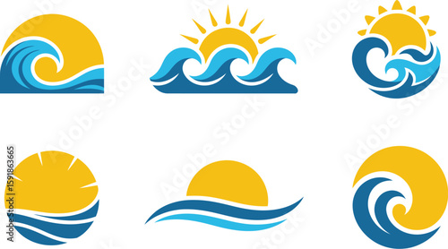 Six Unique Sun and Wave Logo Designs Blue and Yellow Ocean Icons