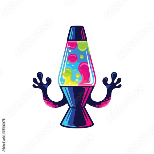 Vibrant Psychedelic Lava Lamp Art. This lively artwork depicts a classic liquid motion lamp. Its dynamic colors and unique base create a nostalgic, whimsical, and groovy atmosphere.