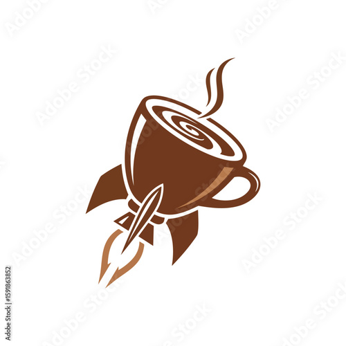 Coffee Boost Rocket. Vibrant image of a steaming beverage cup ascending like a rocket. Represents a powerful morning jolt, rapid achievement, and an energetic push for success.