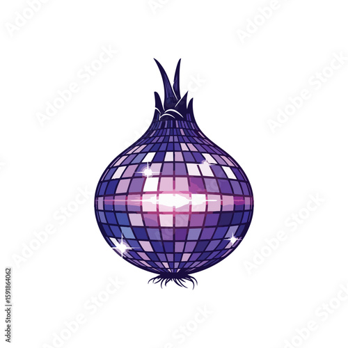 Sparkling Disco Onion Bulb. This digital art features a lustrous bulb transformed into a vibrant mirrorball. Its mosaic surface catches the light, symbolizing a playful, festive spirit and.