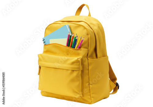 A vibrant yellow backpack stuffed with colorful pencils and a notebook, ready for school, isolated on transparent background