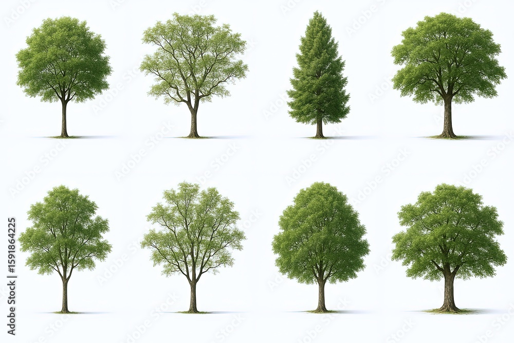 Fototapeta premium Collection of eight lush green trees with diverse leaf shapes and heights on white background.