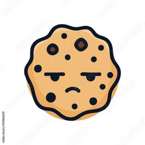 Grumpy Cookie Cartoon Character. A charming doodle of a displeased chocolate chip biscuit with a frown. Perfect for expressing mild dissatisfaction or a bad day in a lighthearted way.