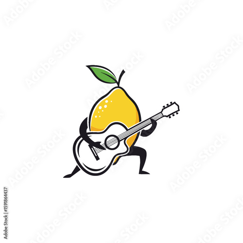 Vibrant Lemon with Guitar. An animated citrus fruit mascot energetically plays a stringed instrument. This whimsical design evokes happiness, creativity, and a zesty, harmonious feeling.