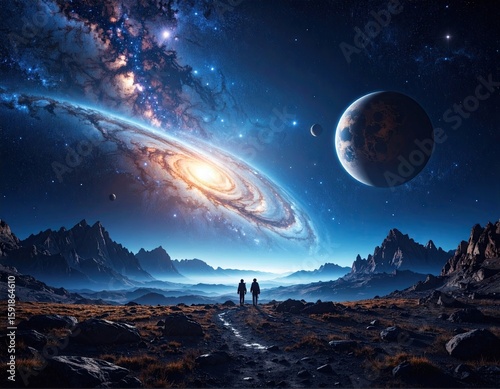 Two figures stand on a desolate alien landscape, gazing at a vibrant spiral galaxy