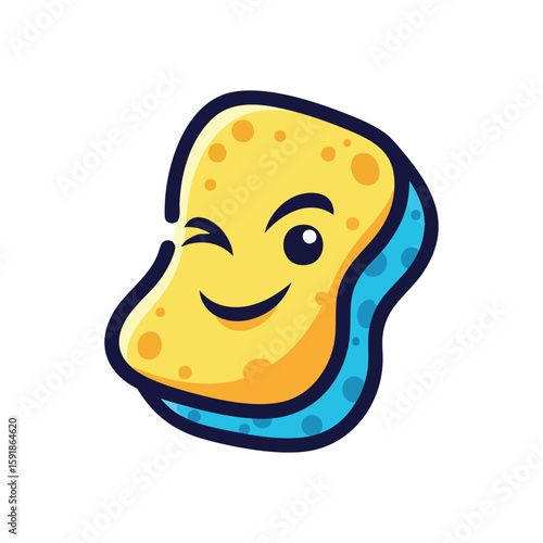 Cheerful Cleaning Sponge. Vibrant illustration of a happy yellow scrubber with a friendly wink. Symbolizes hygiene, tidiness, and a sparkling domestic environment.