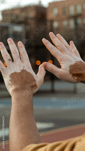 Back view of hands with vitiligo raised in the air near urban surroundings