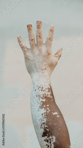 Raised vitiligo arm and hand against soft background symbolizing pride and individuality