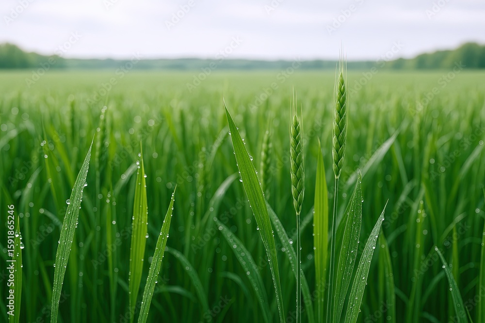 Fototapeta premium Lush green grass in a wide open agricultural field with fresh dewdrops and scenic horizon.