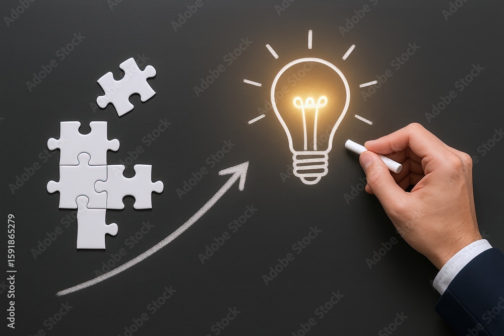 Hand Drawing Light Bulb with Puzzle Pieces and Arrow on Chalkboard Background. Hand Drawing Light Bulb with Puzzle Pieces and Arrow on Chalkboard Background.