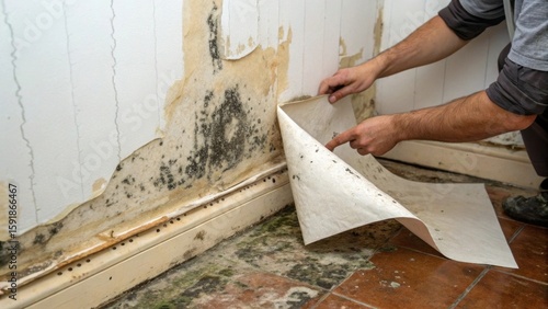 Peeling damaged wallpaper to reveal mold and water damage in home renovation project