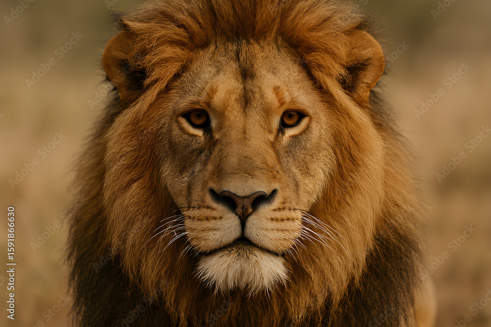 Fototapeta premium Close up portrait of majestic male lion in natural wildlife habitat