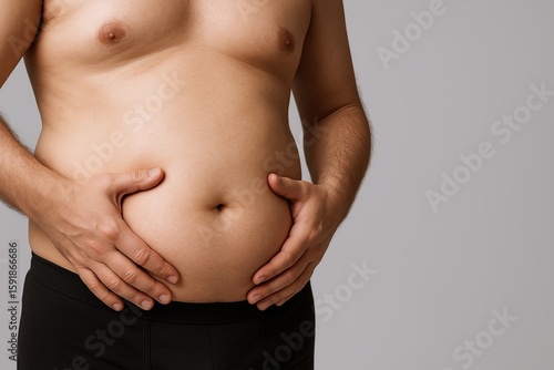 Wallpaper Mural Close-up of a man's bare abdomen with hands gently holding stomach in front of plain gray background. Torontodigital.ca