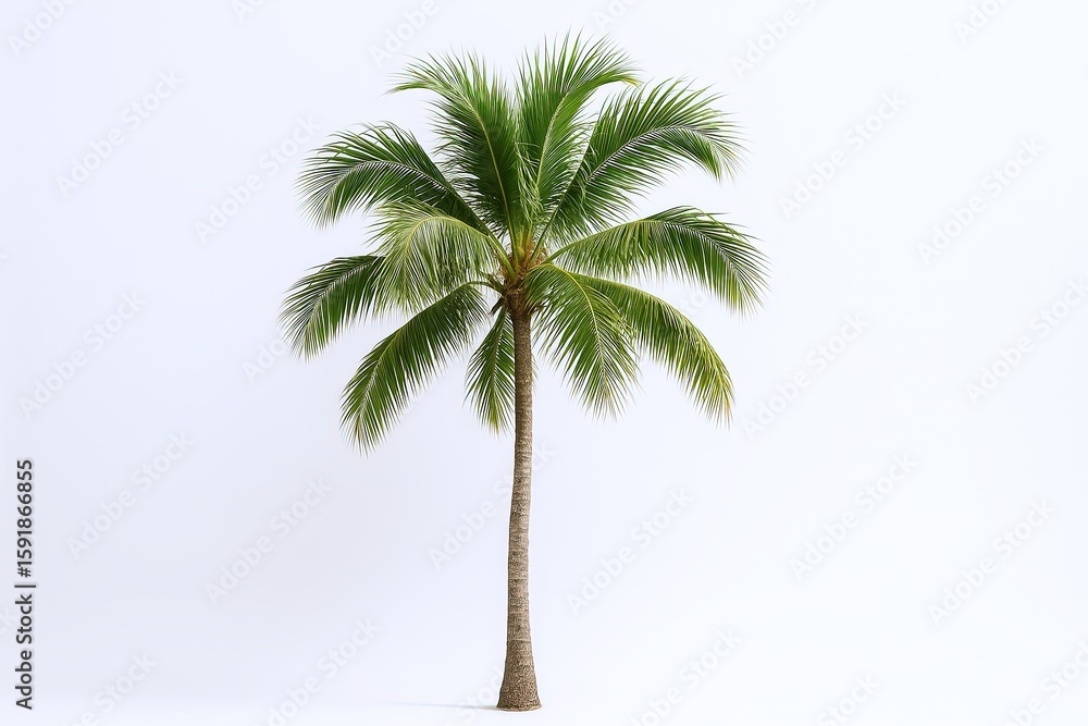 Obraz premium Single lush green palm tree with long slender trunk and broad fronds on white background.