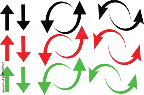 Colorful collection of direction arrows in red, green, and black including straight, curved, and circular styles for navigation, infographic, or user interface design use.
