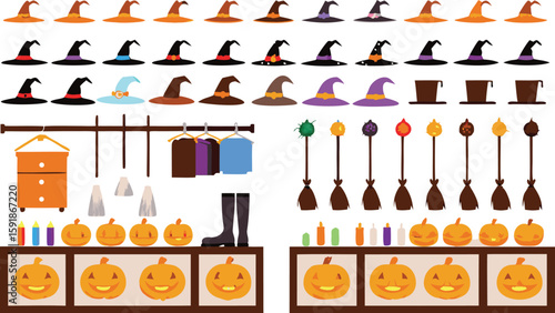 Illustration of halloween themed items including hats pumpkins brooms and costumes on display shelves