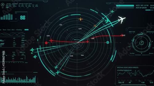 High-tech radar display showing aircraft positions and flight data in a modern air traffic control system