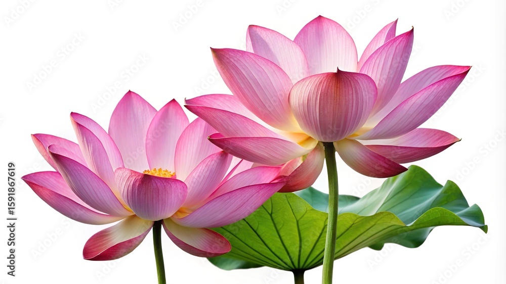 Fototapeta premium Two Beautiful Pink Lotus Flowers in Full Bloom with Green Leaf