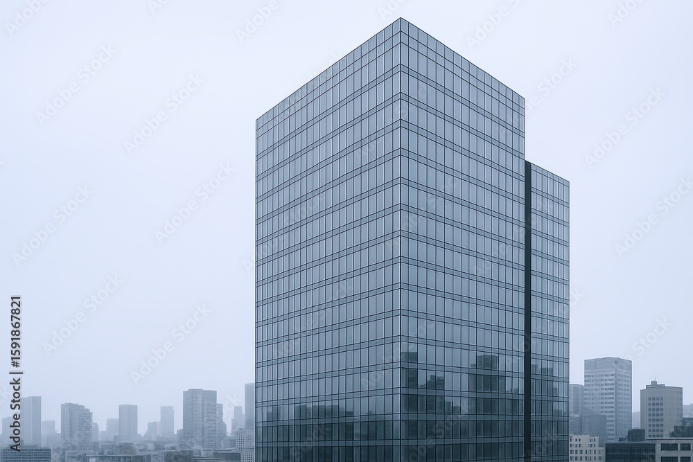 Fototapeta premium Modern Glass Office Building Skyscraper with Reflective Windows in an Urban Cityscape.