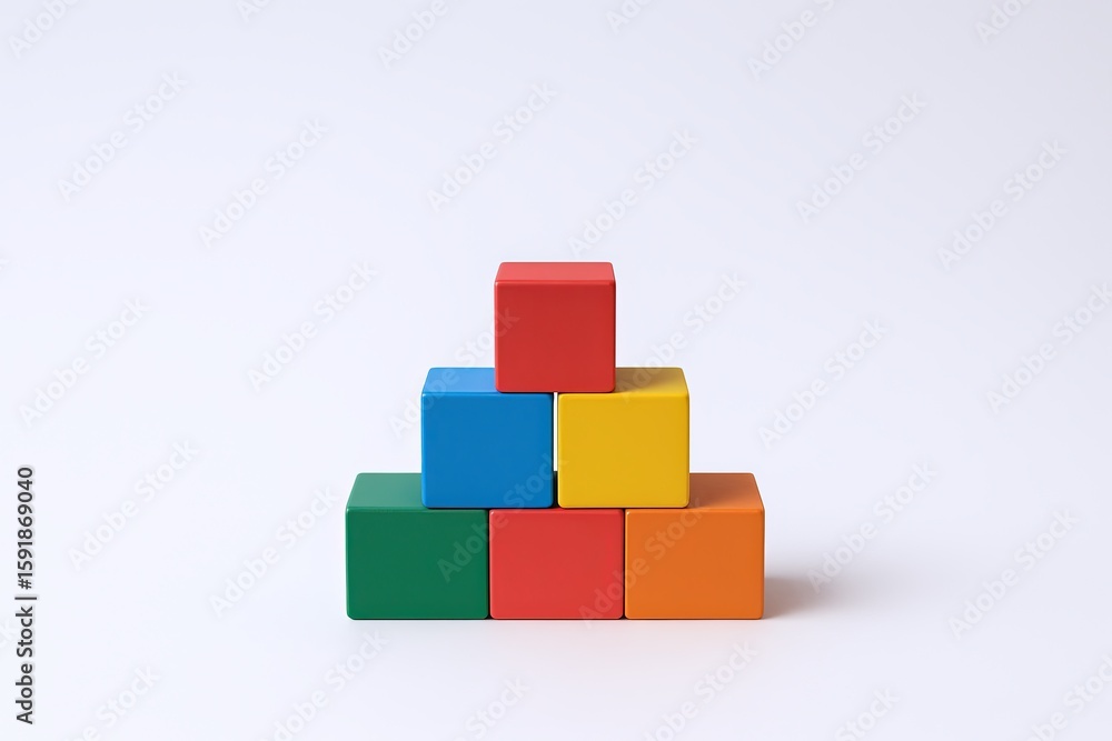 Fototapeta premium Colorful Wooden Building Blocks Arranged in a Pyramid Shape on White Background.