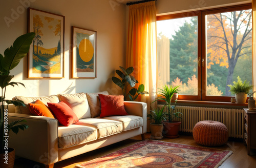 Cozy living room with a comfortable sofa adorned with cushions, featuring a large wooden window with a view of nature on sunny day, creating a serene atmosphere