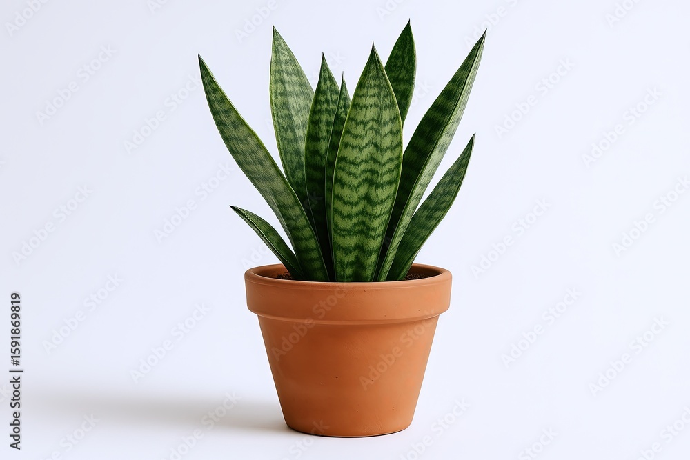 Small potted snake plant with tall green striped leaves in simple terracotta pot on white background. Small potted snake plant with tall green striped leaves in simple terracotta pot on white background.