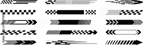 Racing Cars and Stripes Vector Set – Angled Checkered Patterns, Finish Line, Dynamic Speed Lines, Motocross Labels, Motorsport Decals, Racing Stripes, Tuning Stickers, Sport Vehicle Graphics