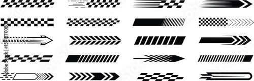 Racing car stripes set, angled checkered patterns, checkered flag, finish line, motocross labels, dynamic lines, motorsport, racing stripe speed, sport decals, vehicle tuning stickers