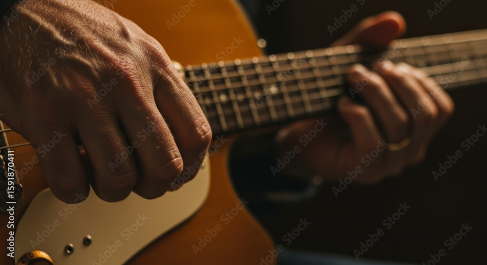 Fototapeta premium A guitarist's hands strumming a yellow electric guitar, focused on musical instrument