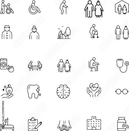 Elderly Line Icon Set Nursing Home, Hospital & Senior Care Vector Illustrations (Editable Stroke)