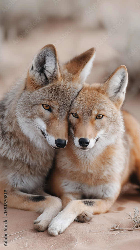 Obraz premium Coyote wildlife in nature, desert setting with fur detail, pair relaxing in outdoor environment