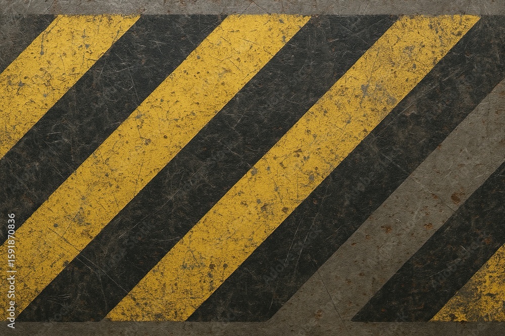 Fototapeta premium Industrial Concrete Floor with Black and Yellow Hazard Stripes and Rusty Texture.