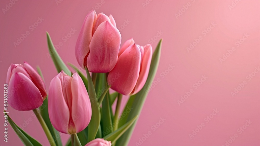 Fototapeta premium Pink tulips isolated on clear pink background, minimalistic pink wallpaper