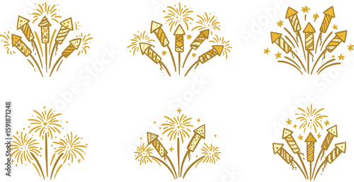 Vector art of a set of golden firework illustrations isolated on transparent background, ideal for celebratory designs