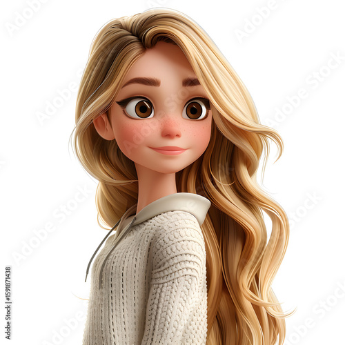 Female 3D Cartoon Avatar with Long Blonde Hair Isolated on Transparent or White Background, PNG