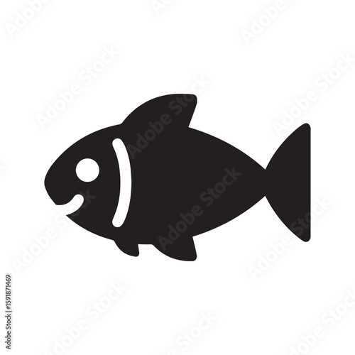 Black fish icon silhouette, simple aquatic animal symbol. Vector graphic for fishing logo or seafood menu.