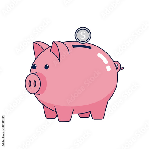 A pink piggy bank with a single coin deposited in its slot, symbolizing savings and financial security.