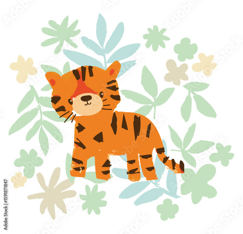 Vector Cute Tiger with Flowers and Leaves Jungle Trendy Summer Kids Print Illustration