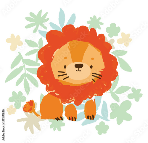 Vector Cute Lion with Flowers and Leaves Jungle Trendy Summer Kids Print Illustration