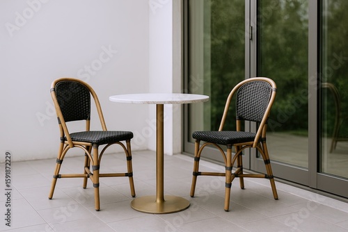 Cozy modern dining space with two rattan chairs and a round table next to large sliding glass door.