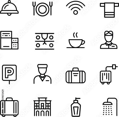Hotel Amenities and Hospitality Services Line Icon Set